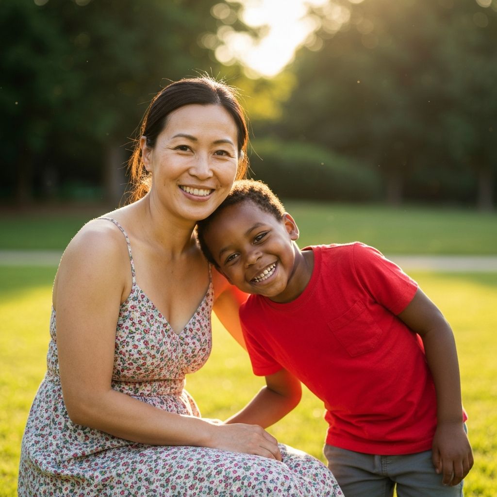 Happy Asian mother with her adoptive Black child smiling together in a sunny outdoor setting, representing family connection, trust, and warmth